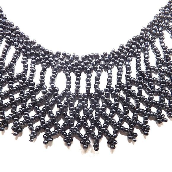 Artisan Beaded Collar Necklace, Metallic Dark Czech Glass Seed Beads, Hand-made - Picture 3 of 8